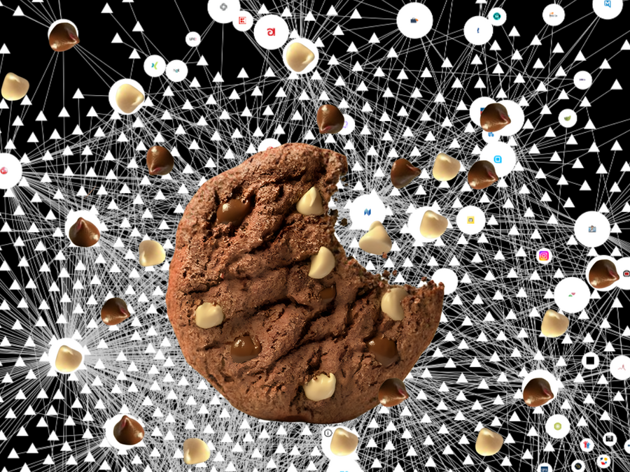 Ein Cookie mit Kr&uuml;mmeln &uuml;ber ein Screenschot von Lightbeam mit Cookies im Internet