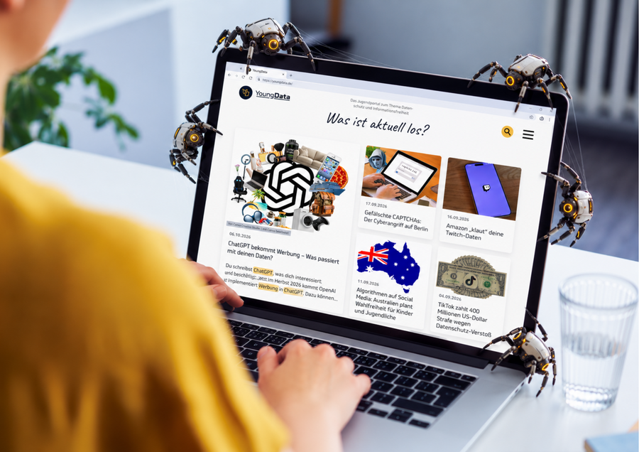 Eine Person sitzt an einem Laptop, auf dessen Bildschirm die Startseite von YoungData mit aktuellen Artikeln zum Datenschutz zu sehen ist. F&uuml;nf kleine, Roboterspinnen krabbeln &uuml;ber den Bildschirmrand und die Tastatur. Sie symbolisieren Webcrawler, die Webseiten automatisiert durchsuchen.