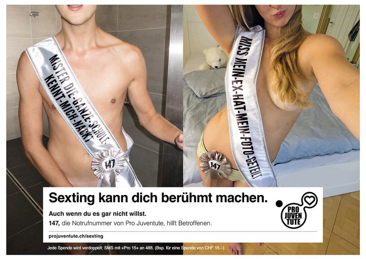 Plakat mit halbnackten Fotos von Jugendlichen als Kampagne gegen Sexting