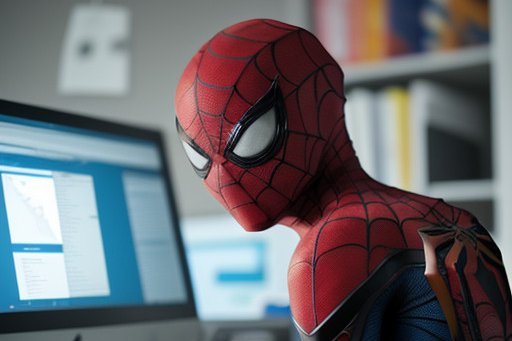 Spiderman sitzt vor einem Computer und beantwortet deine Fragen.