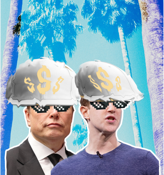 Mark Zuckerberg und Elon Musk mit Dollar Kappen und Sonnenbrillen